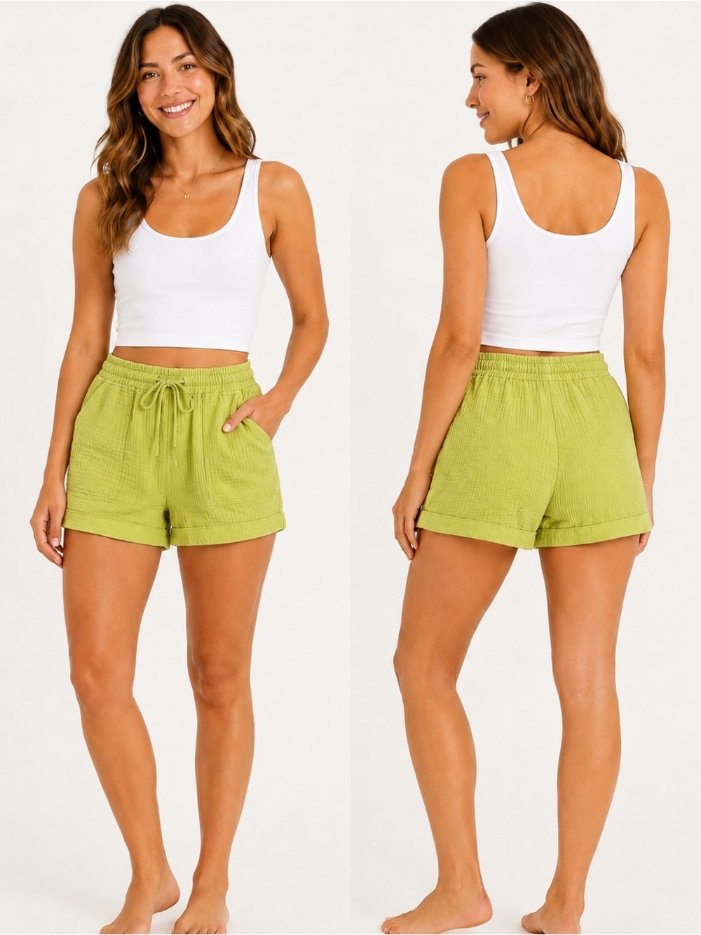 C&C California Cotton Gauze olive Lime Green Drawstring Shorts S resort comfy